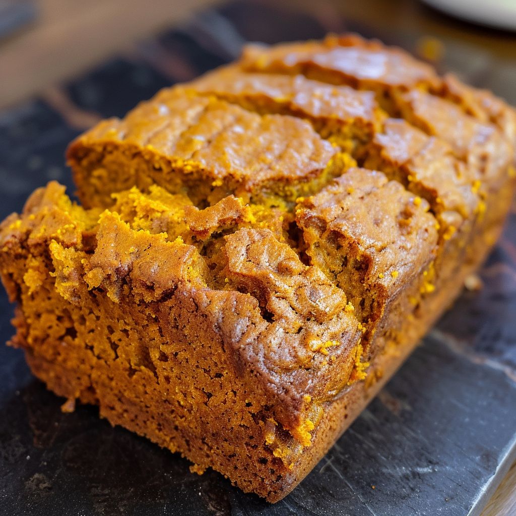 A close-up view of a slice of moist pumpkin bread on a wooden cutting board.