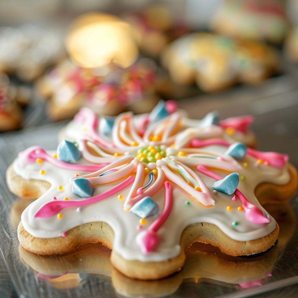 A variety of decorated cookies in different shapes and colors on a wooden table.