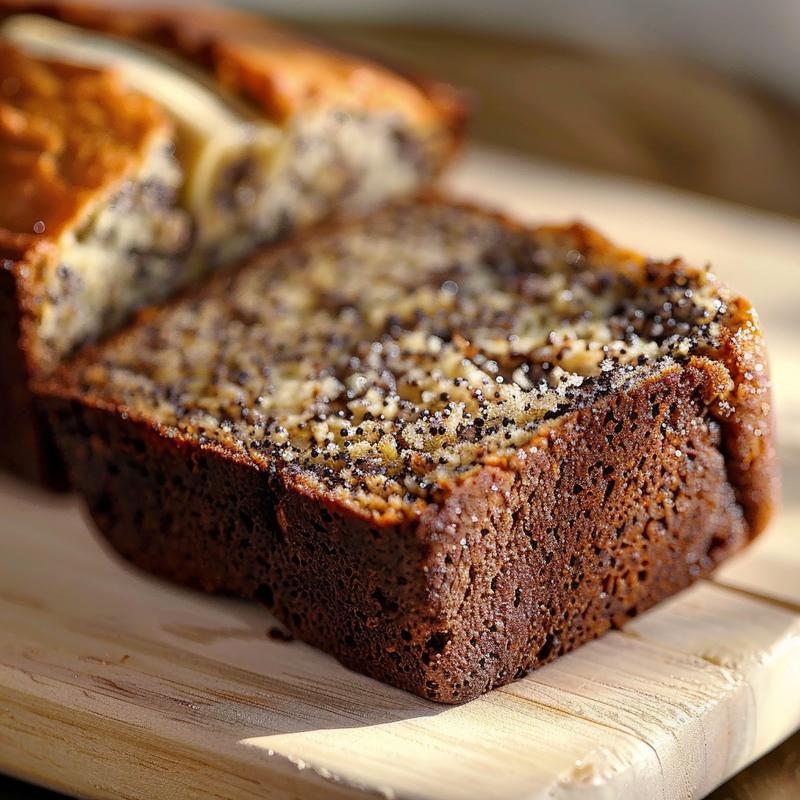 Extreme close-up of a moist slice of sour cream banana bread on a light wood board.