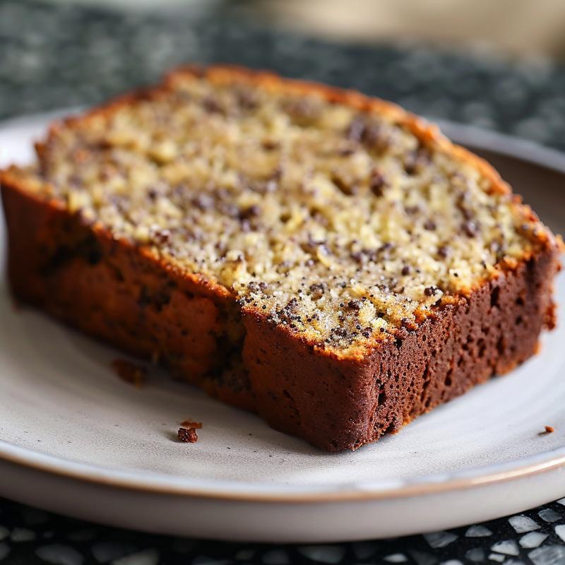 A close-up slice of Betty Crocker gluten-free banana bread on a light grey ceramic plate.