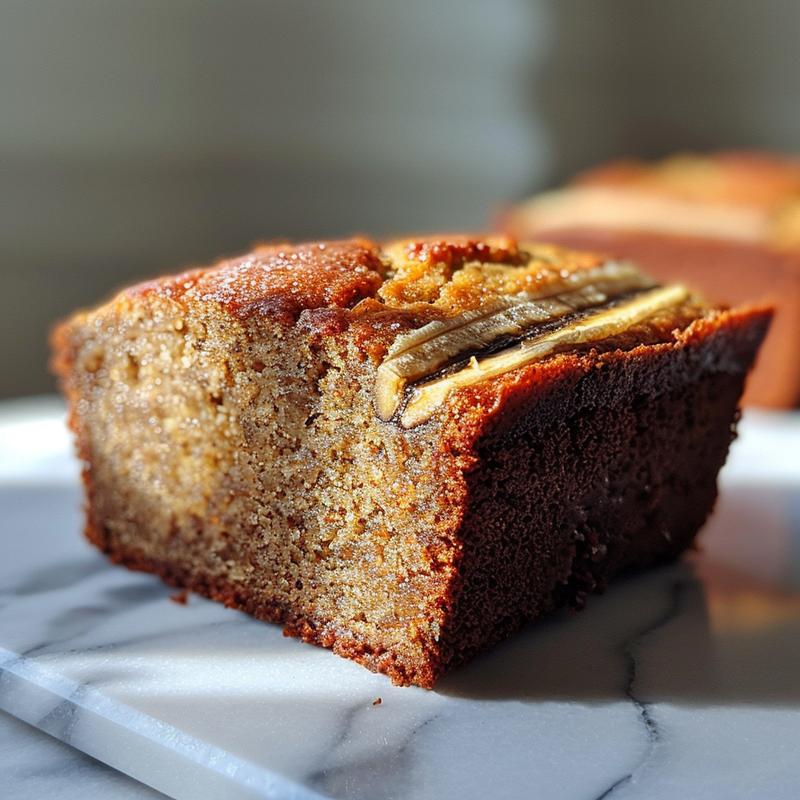 Extreme close-up of a slice of sour cream banana bread on a white marble surface.