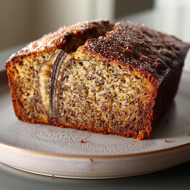 A close-up of a slice of gluten-free banana bread on a light grey ceramic plate.