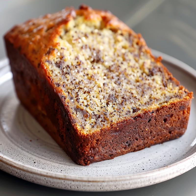 Close-up of a slice of gluten-free banana bread on a light grey ceramic plate.