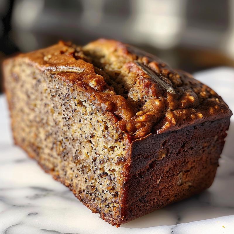 Close-up of a slice of high-protein banana bread on a white marble surface.