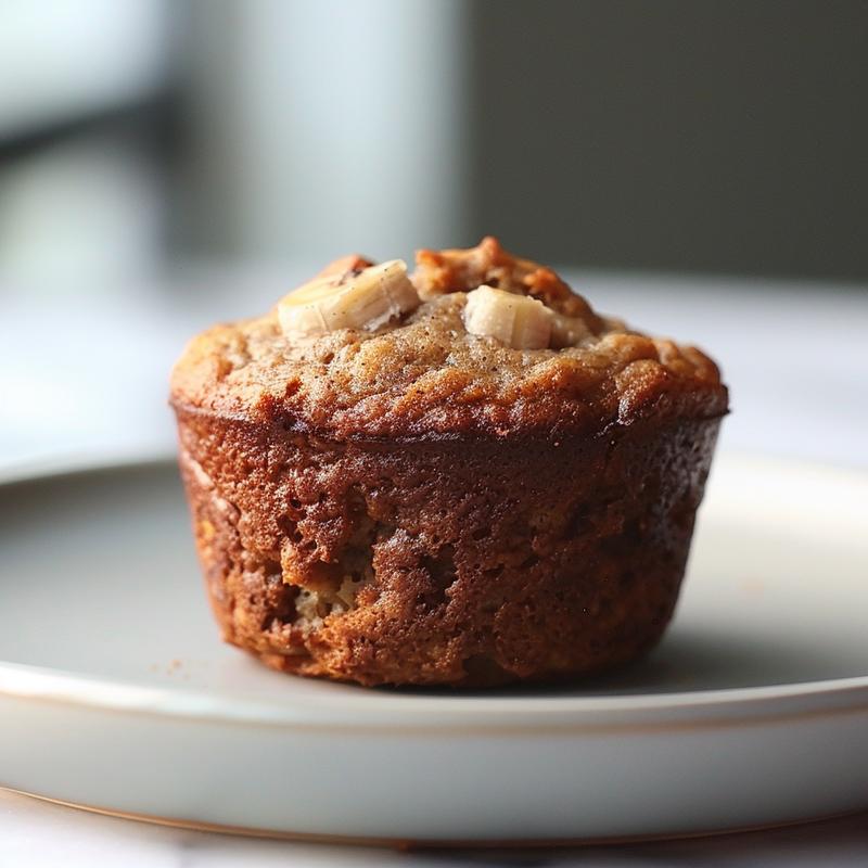 Close-up of a moist banana bread muffin on a light grey ceramic plate.