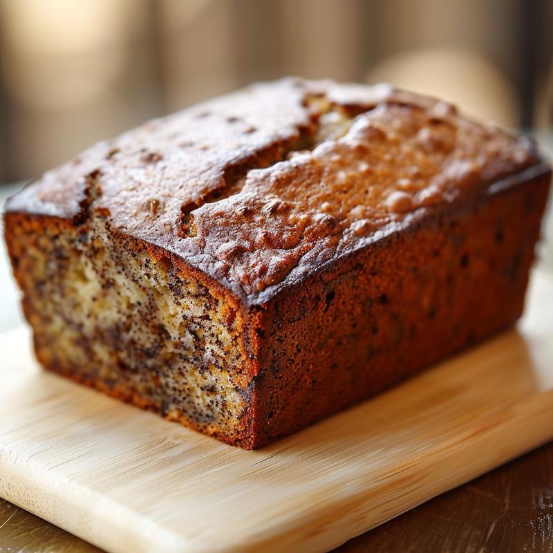 Close-up of a slice of banana bread on a light wooden board.