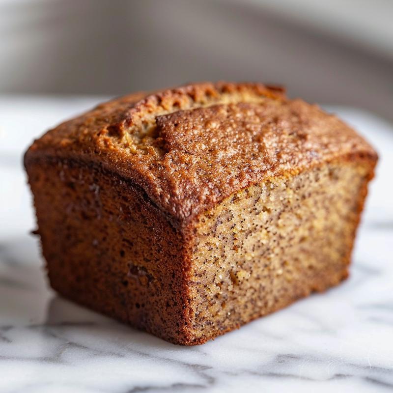Close-up of moist banana bread slice on a marble surface, showcasing its texture.