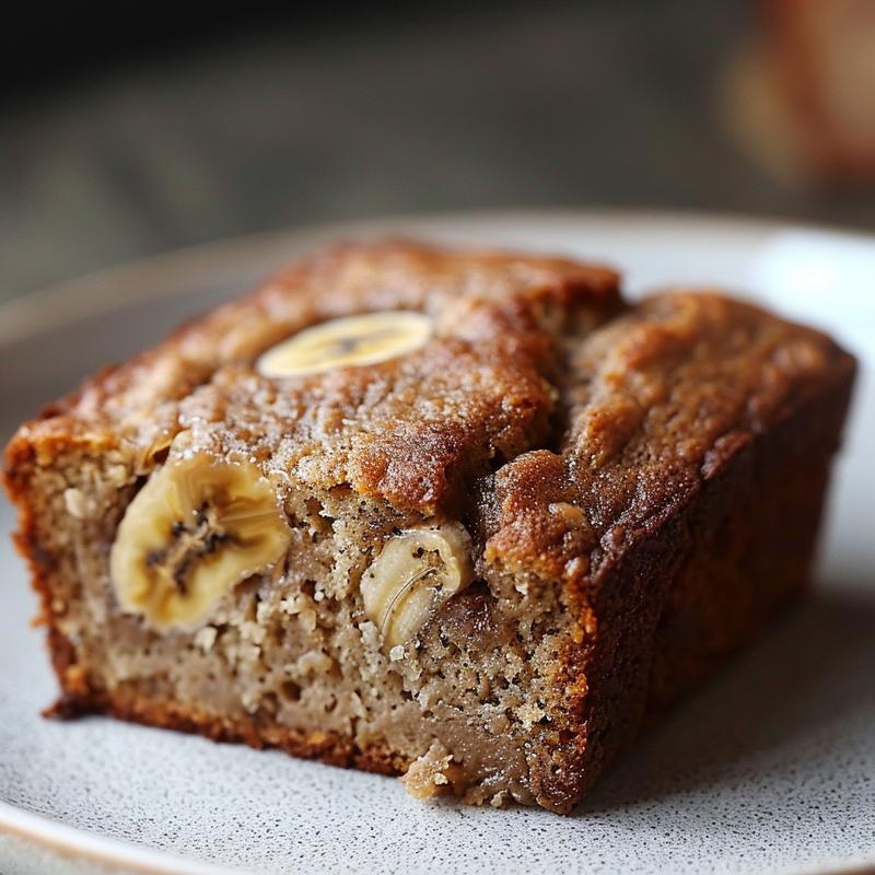 Close-up of a slice of low calorie banana bread on a grey plate, showcasing its texture.