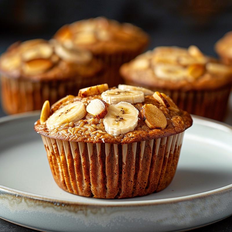 A close-up view of almond flour banana muffins on a grey ceramic plate, showcasing texture and detail.