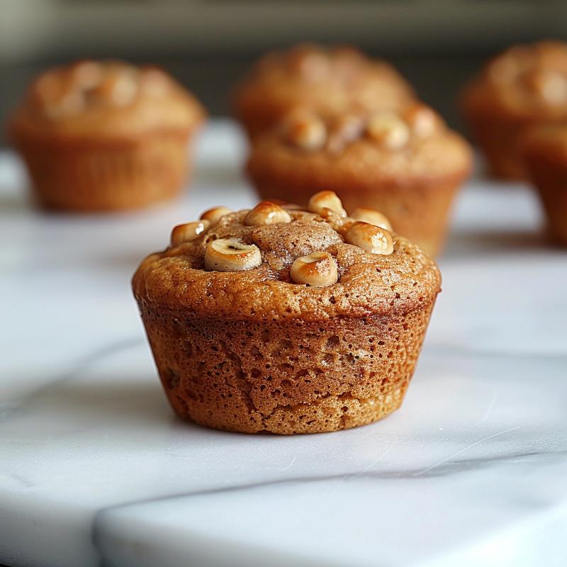 Close-up of a fluffy, golden-brown banana muffin on a white marble surface.