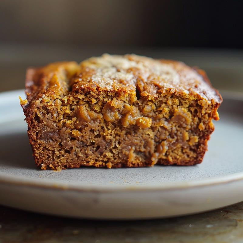 A close-up shot of a slice of brown butter pumpkin banana bread on a light grey ceramic plate.