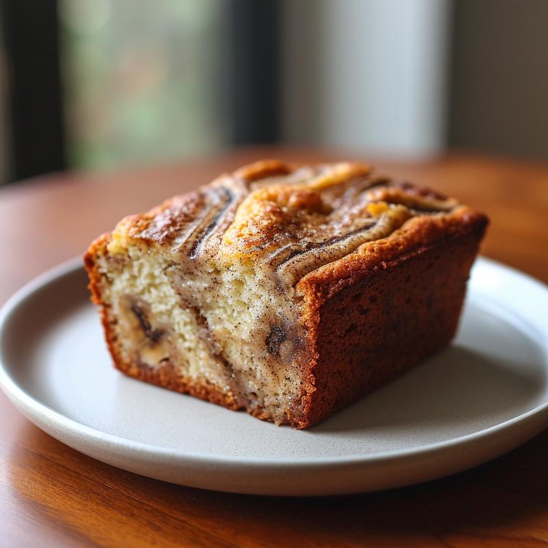 Close-up of a slice of cinnamon swirl banana bread on a light grey plate.