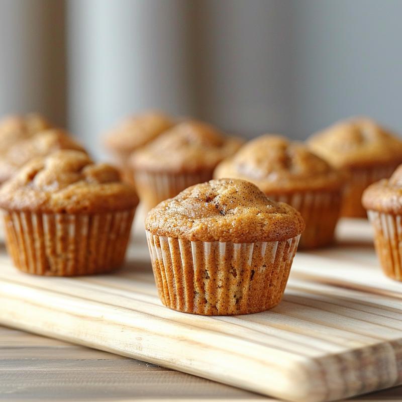 Close-up of cinnamon banana bread muffins on a light wood board, showcasing their texture and golden-brown tops.