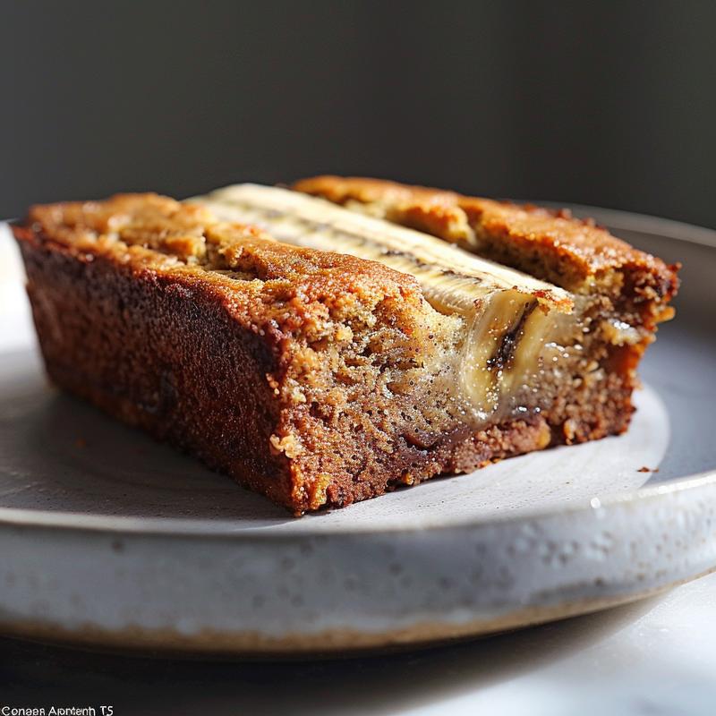 Close-up of a moist slice of banana bread on a light grey ceramic plate.