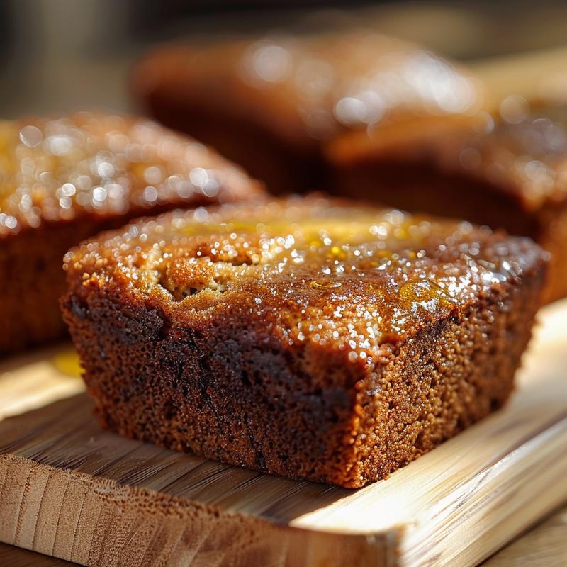 A close-up view of a moist slice of banana bread with a glossy surface, placed on a light wooden board.