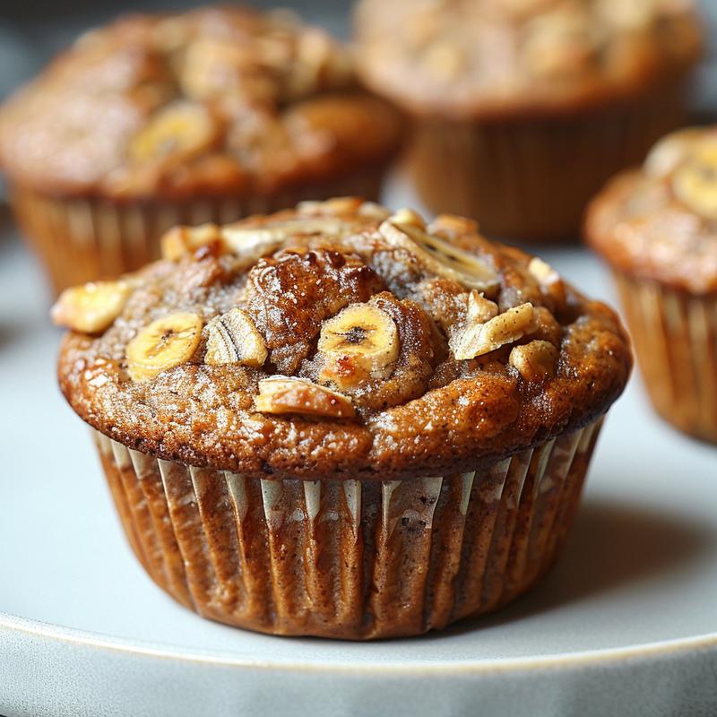 Close-up of almond flour banana muffins on a light grey ceramic plate, showcasing texture and detail.