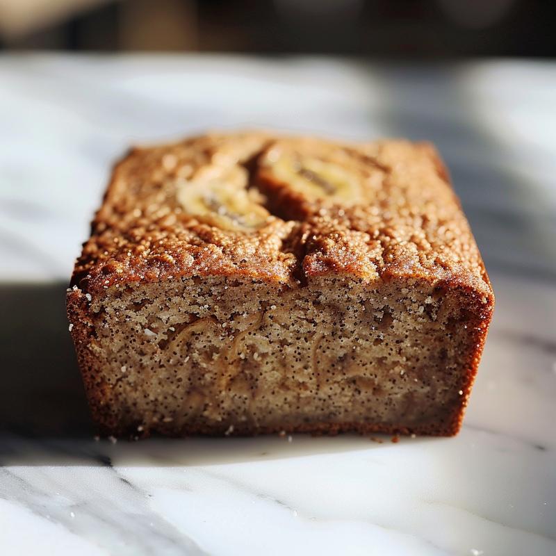 Close-up of a slice of coconut flour banana bread on a marble surface.