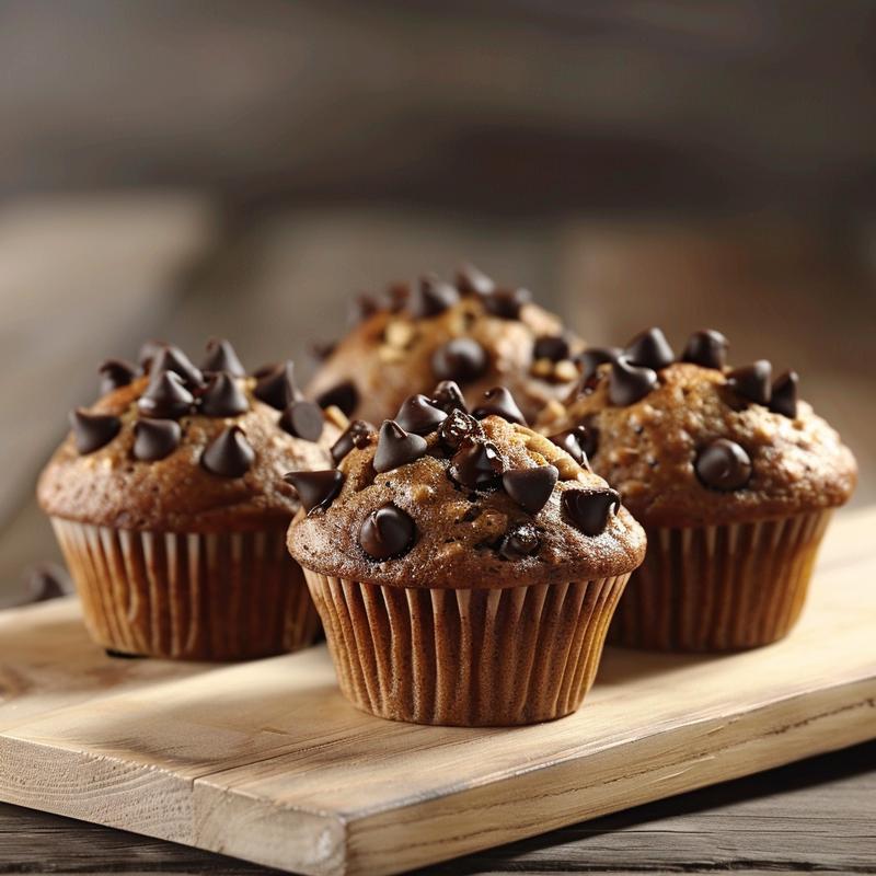 Close-up of golden-brown banana chocolate chip muffins on a wooden board.