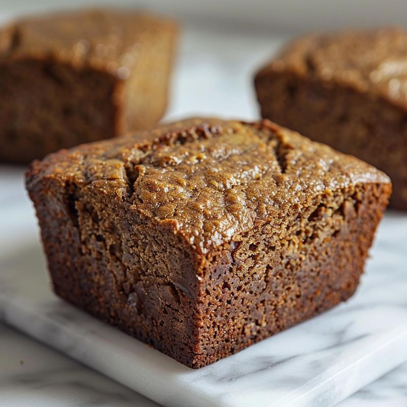 Close-up of a slice of eggless banana bread on a white marble surface.
