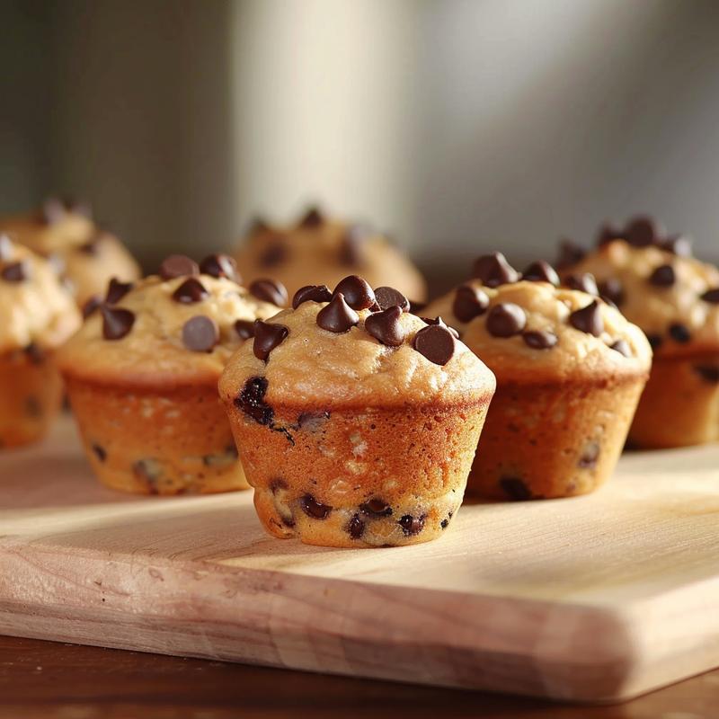 Close-up of moist sour cream banana chocolate chip muffins on a wooden board.