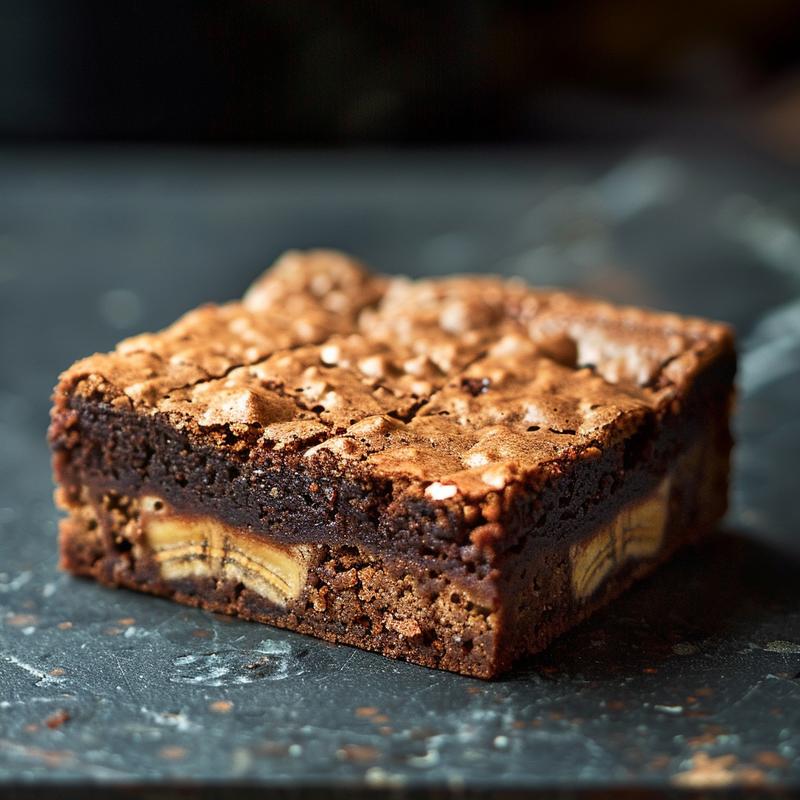 Close-up of a slice of banana bread brownies on a dark stone countertop, showcasing its rich texture and color.