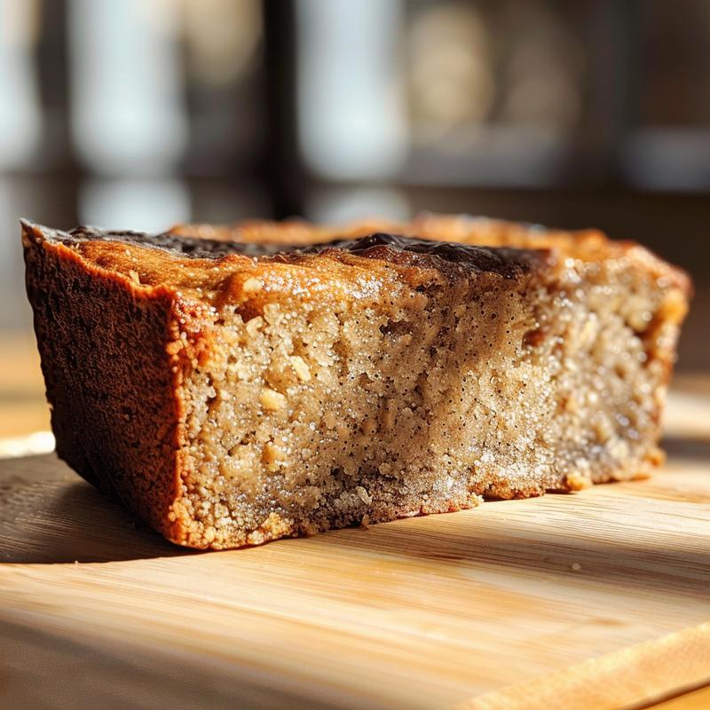 A slice of keto banana bread made with almond flour on a light wood board, showcasing its moist texture.