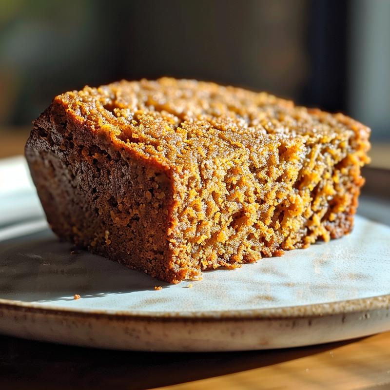 A close-up slice of pumpkin banana bread on a light grey ceramic plate with natural lighting.