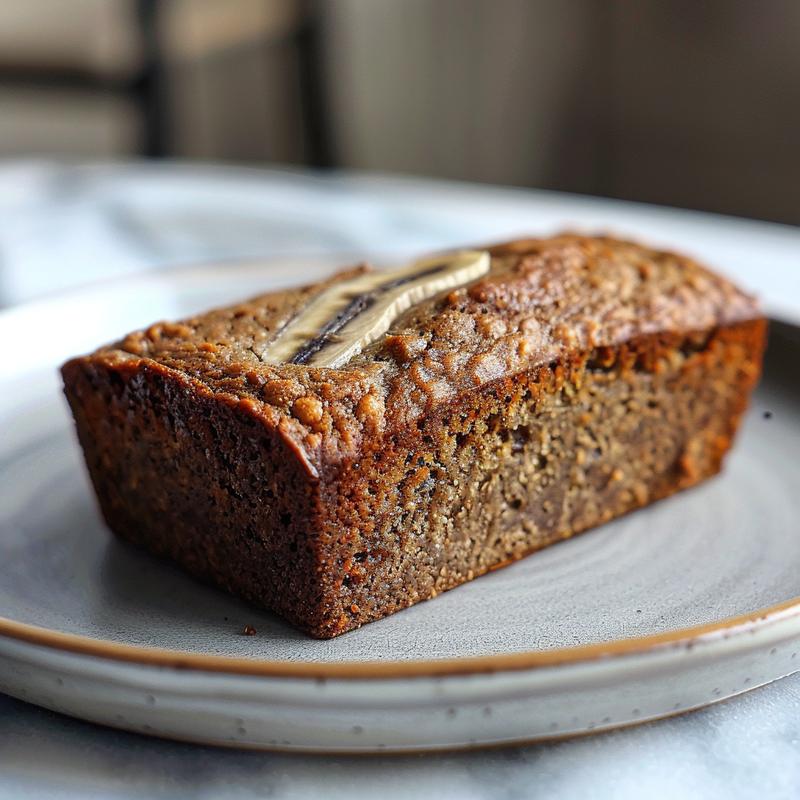 Close-up of a slice of gluten-free banana bread on a light grey ceramic plate.