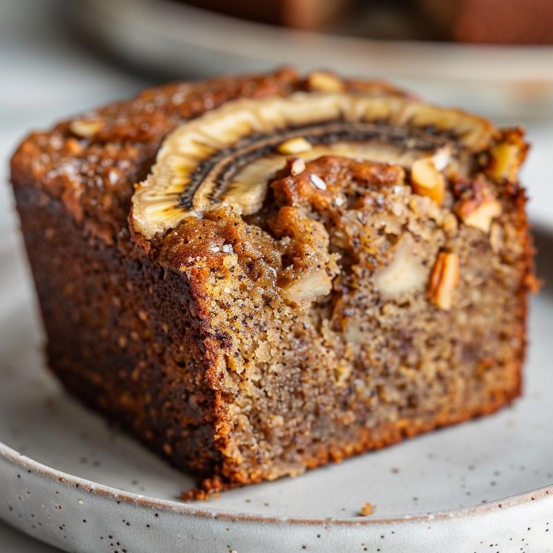Close-up of a slice of vegan banana bread on a light grey plate with a soft focus background.