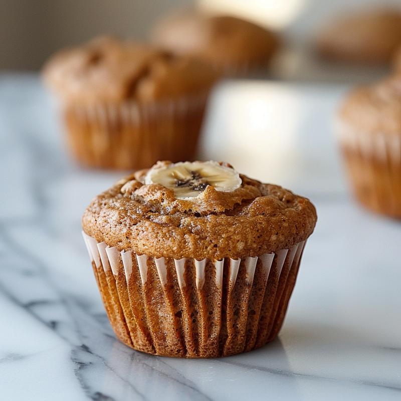 Close-up of a moist, golden no butter banana muffin on a white marble surface.