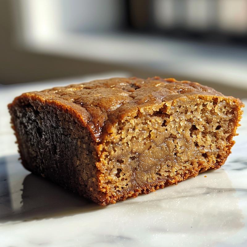 Close-up of a slice of healthy protein banana bread on marble.