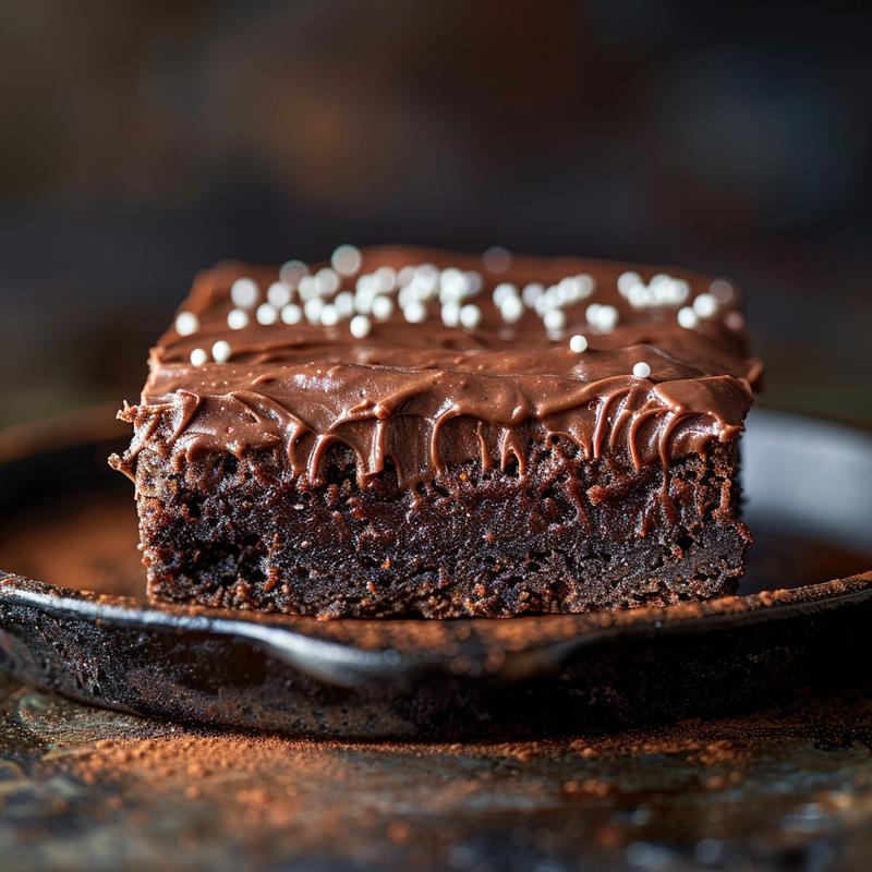 Close-up of a dark chocolate brownie with white icing football details.