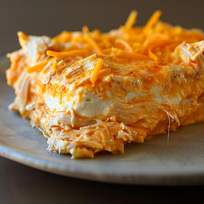 Close-up of creamy buffalo chicken dip with visible shredded chicken and cheese.