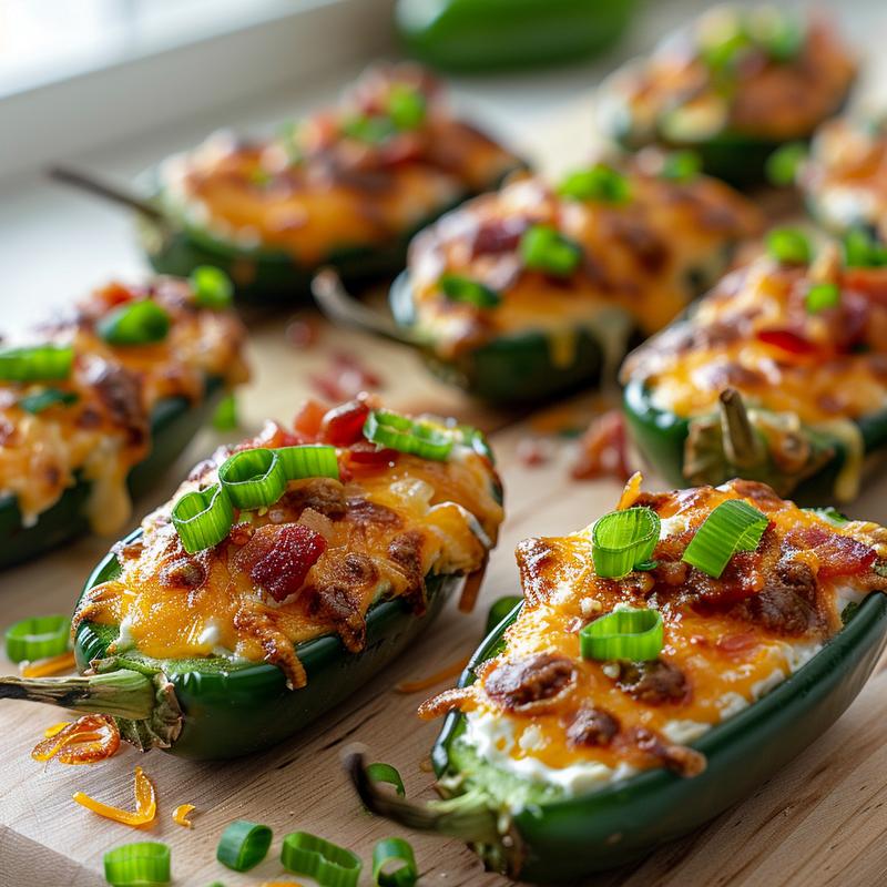 Close-up of creamy jalapeno poppers on a wooden board.