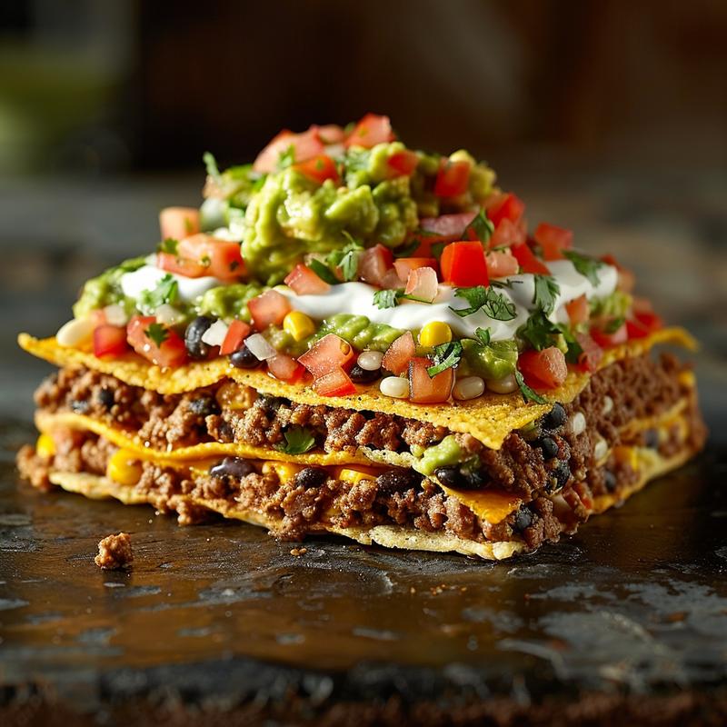 Close-up of a layered dip with visible ground beef and green toppings.