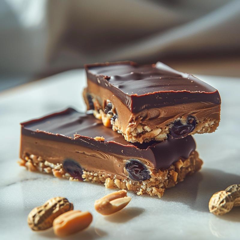 Close-up of a date snickers bar with layers of dates, peanut butter, peanuts, and dark chocolate on a white marble surface.