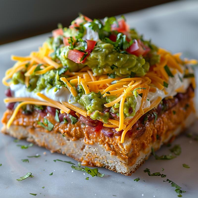 Close-up of seven-layer dip ingredients on white marble.