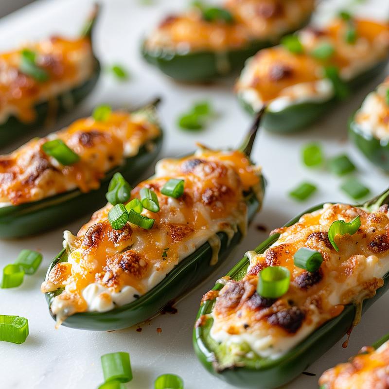 Close-up of air-fried jalapeño poppers filled with cheese and green onions on a white marble surface.