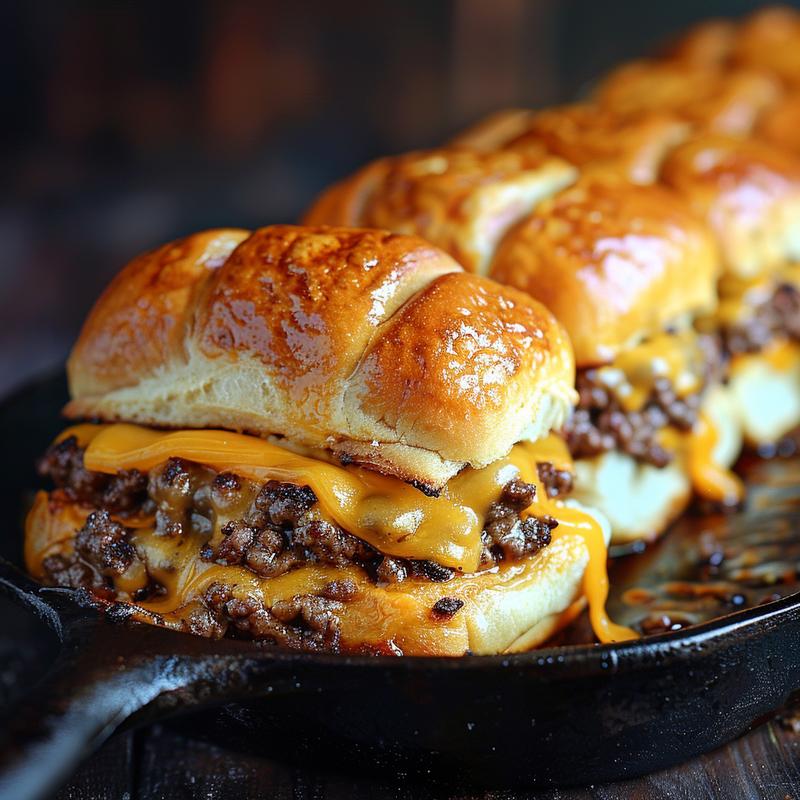 Close-up of cheeseburger sliders on Hawaiian rolls, cast iron surface, dramatic lighting.