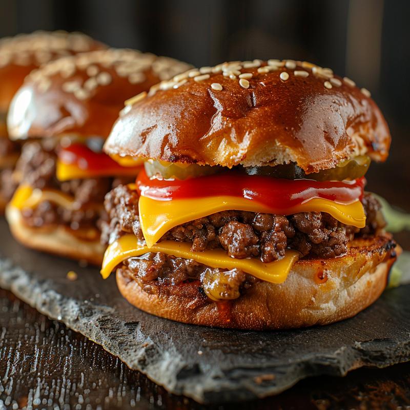 Close-up of cheeseburger sliders on a slate plate with visible ingredients.