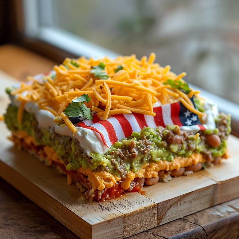 Close-up of layered taco dip resembling the American flag with refried beans, sour cream, guacamole, and cheddar cheese on a wooden board.