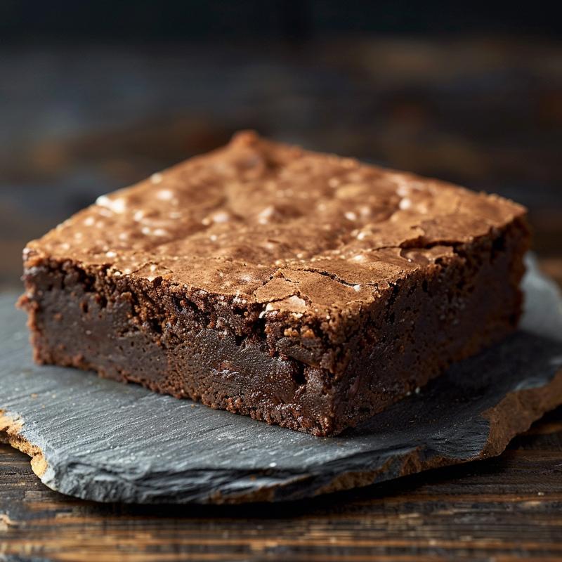 Close-up of a dark, rich brownie on a chipped slate plate.