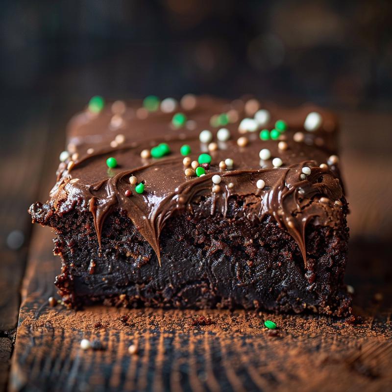 Close-up of a decadent football brownie on a dark wooden surface.