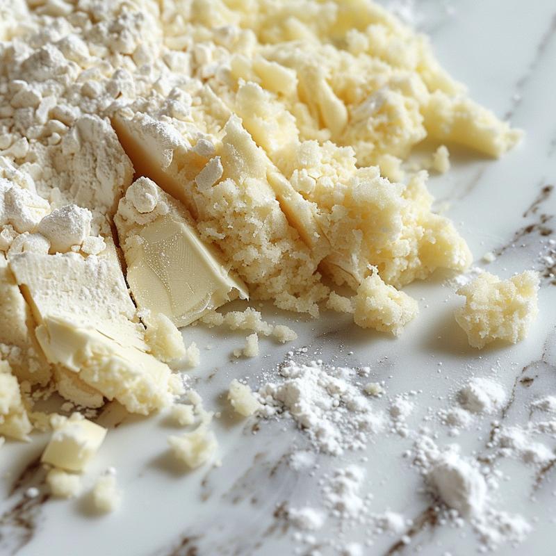 Close-up of golden-brown baked good on white marble.