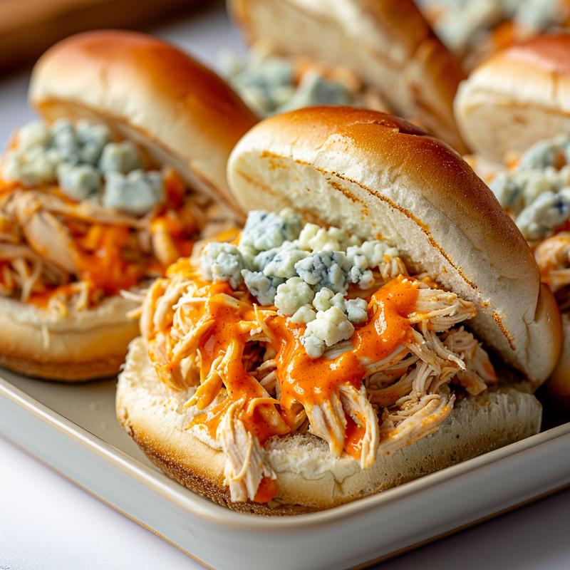Close-up of buffalo chicken sliders with visible sauce and cheese.