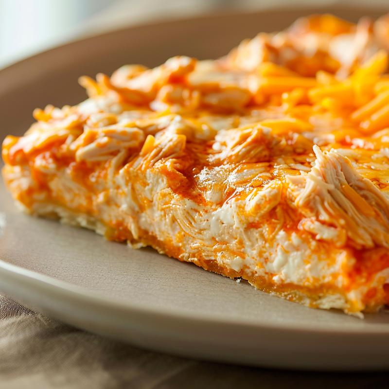 Close-up of buffalo chicken dip with visible chicken, cheese, and sauce.