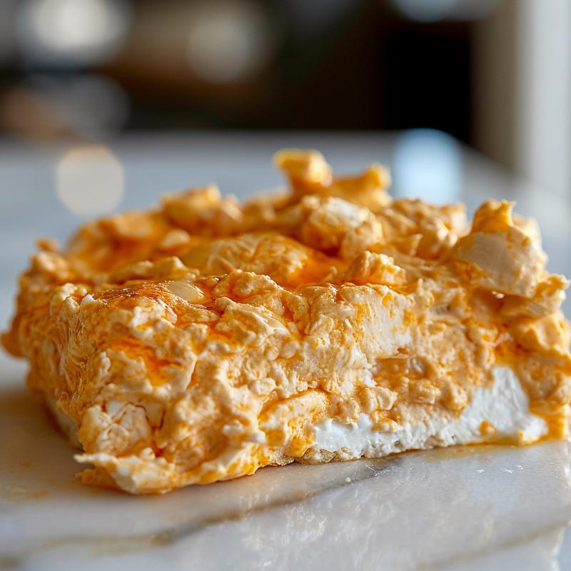 Close-up of Halloween buffalo chicken dip with visible ingredients on marble.