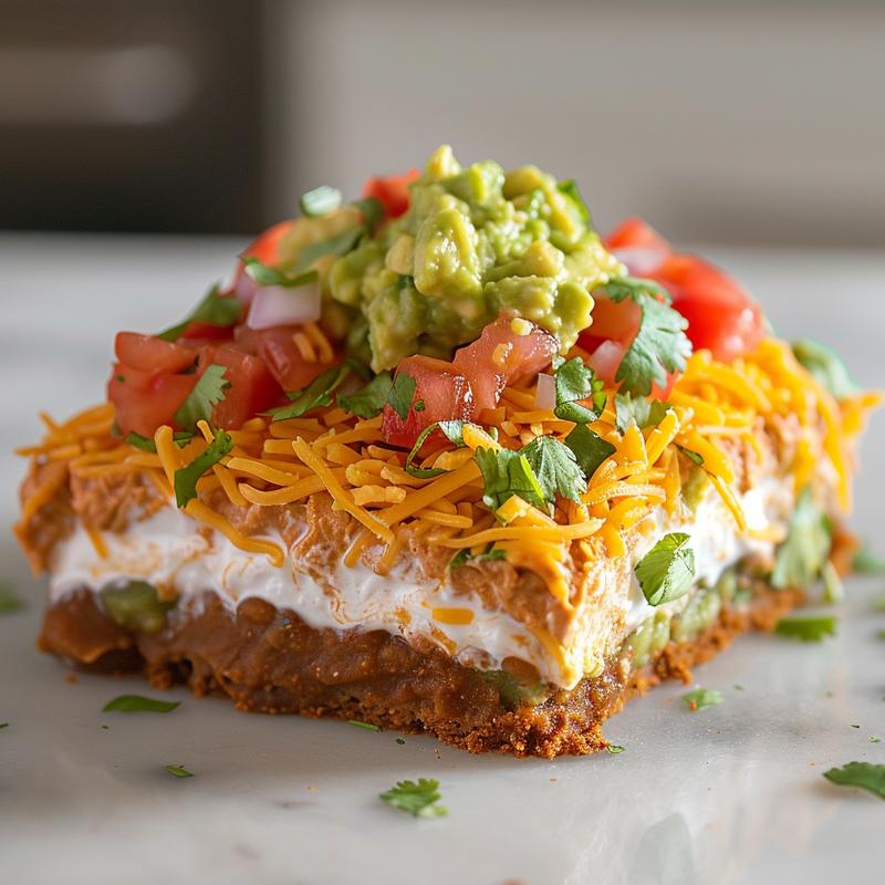 Close-up of a colorful 7-layer dip with visible layers.