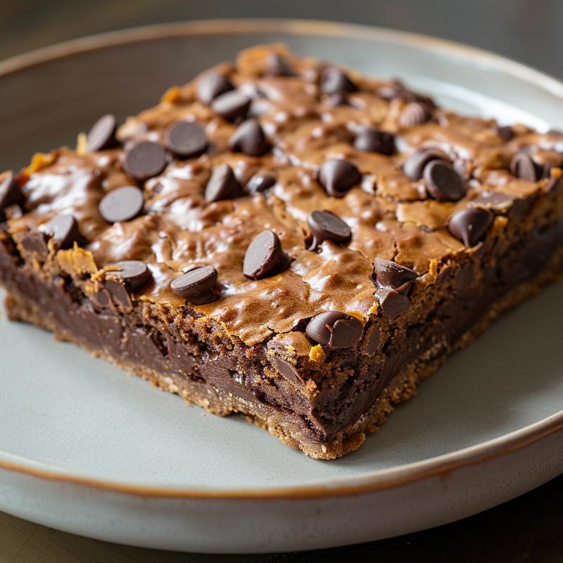 Close-up of layered dessert bar with chocolate chips.