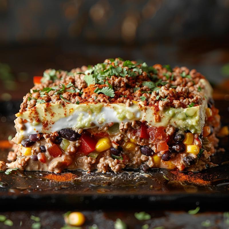 Close-up of seven layer dip with beef, showing distinct layers and textures.